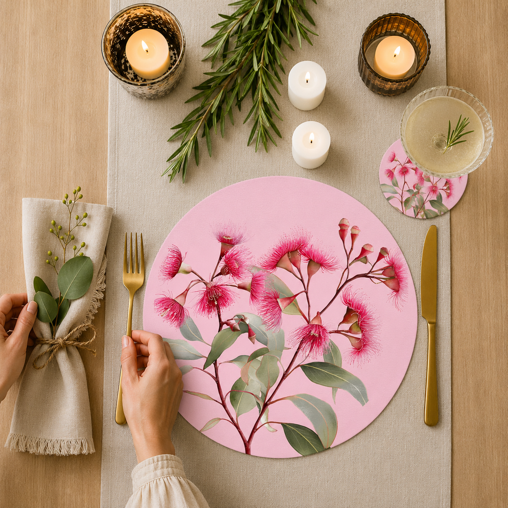 Pink Gum Australian Native Round Placemats – Set of 4,6 or 8