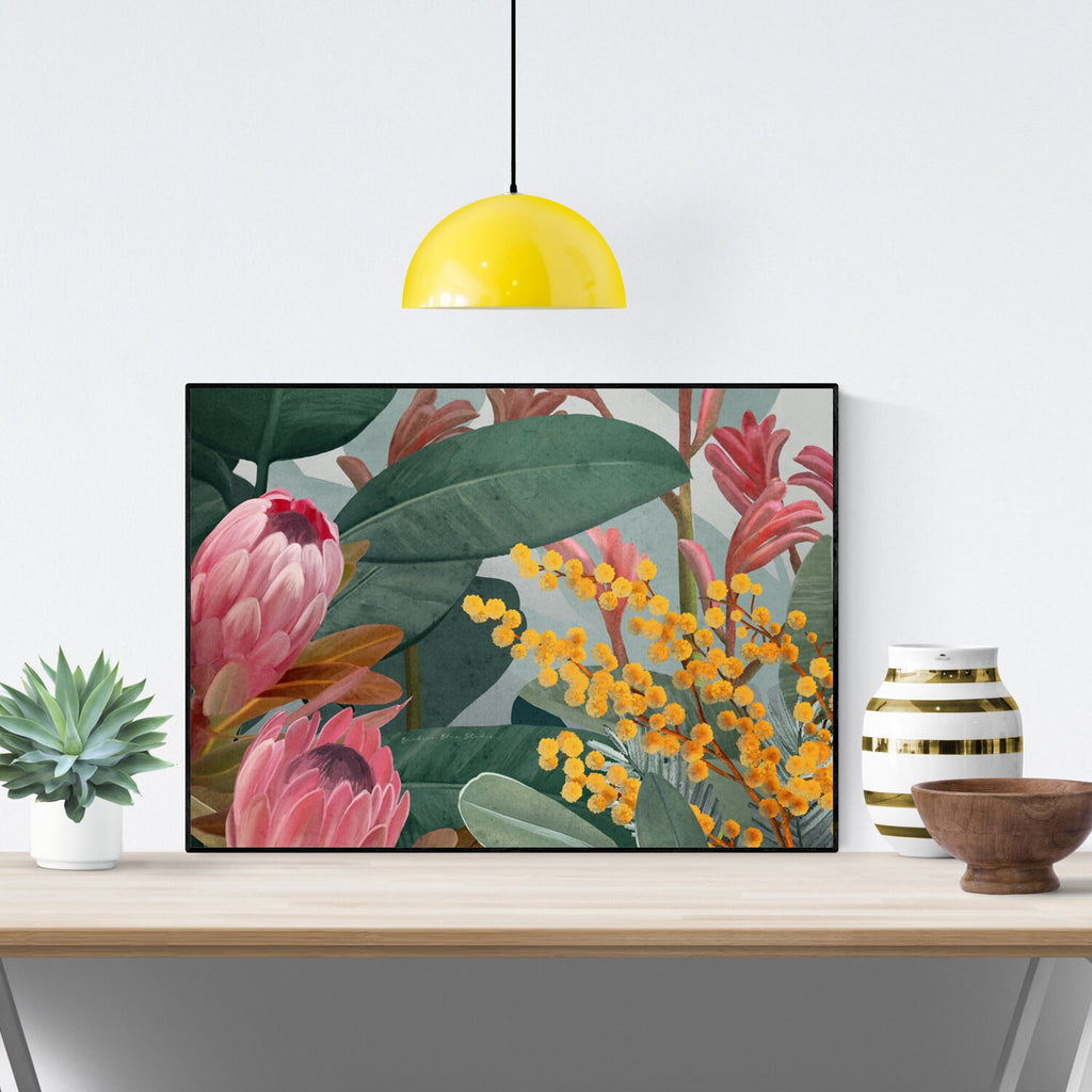 Bundaleer Bush Garden – Protea & Wattle Botanical Landscape Digital Art Print