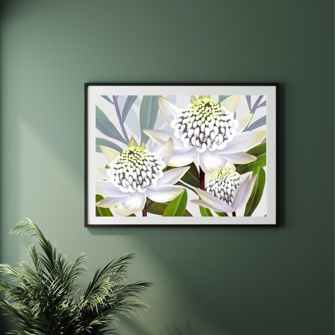 Beacon of the Bush – White Waratah Landscape Digital Art Print