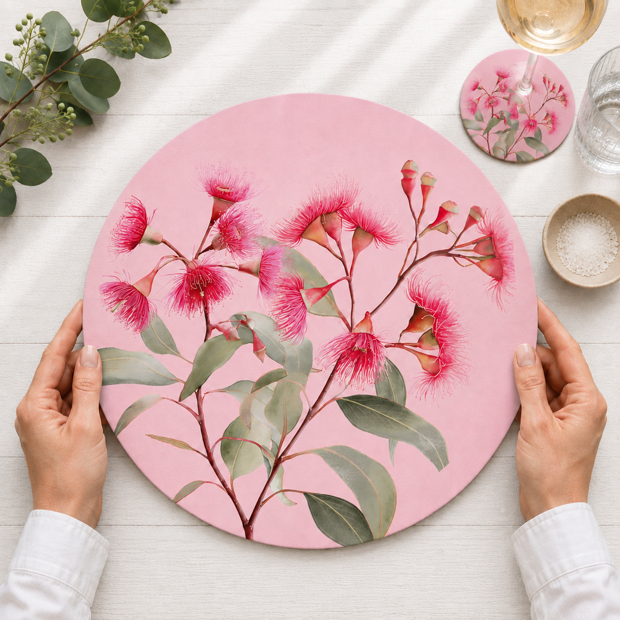 Pink Gum Australian Native Round Placemats – Set of 4,6 or 8
