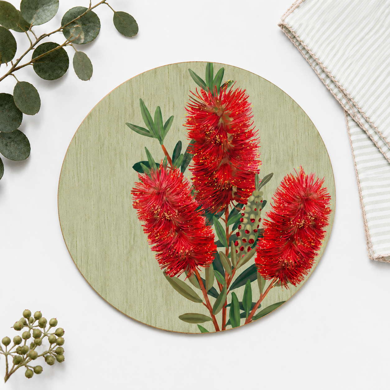 Bottlebrush Bloom Australian Native Round Placemats – Set of 4,6 or 8