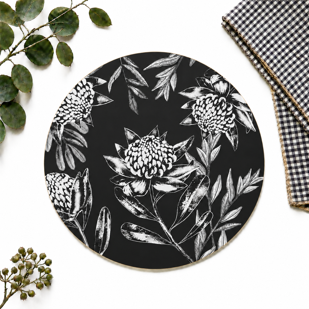 Black Waratah Australian Native Round Placemats – Set of 4,6 or 8