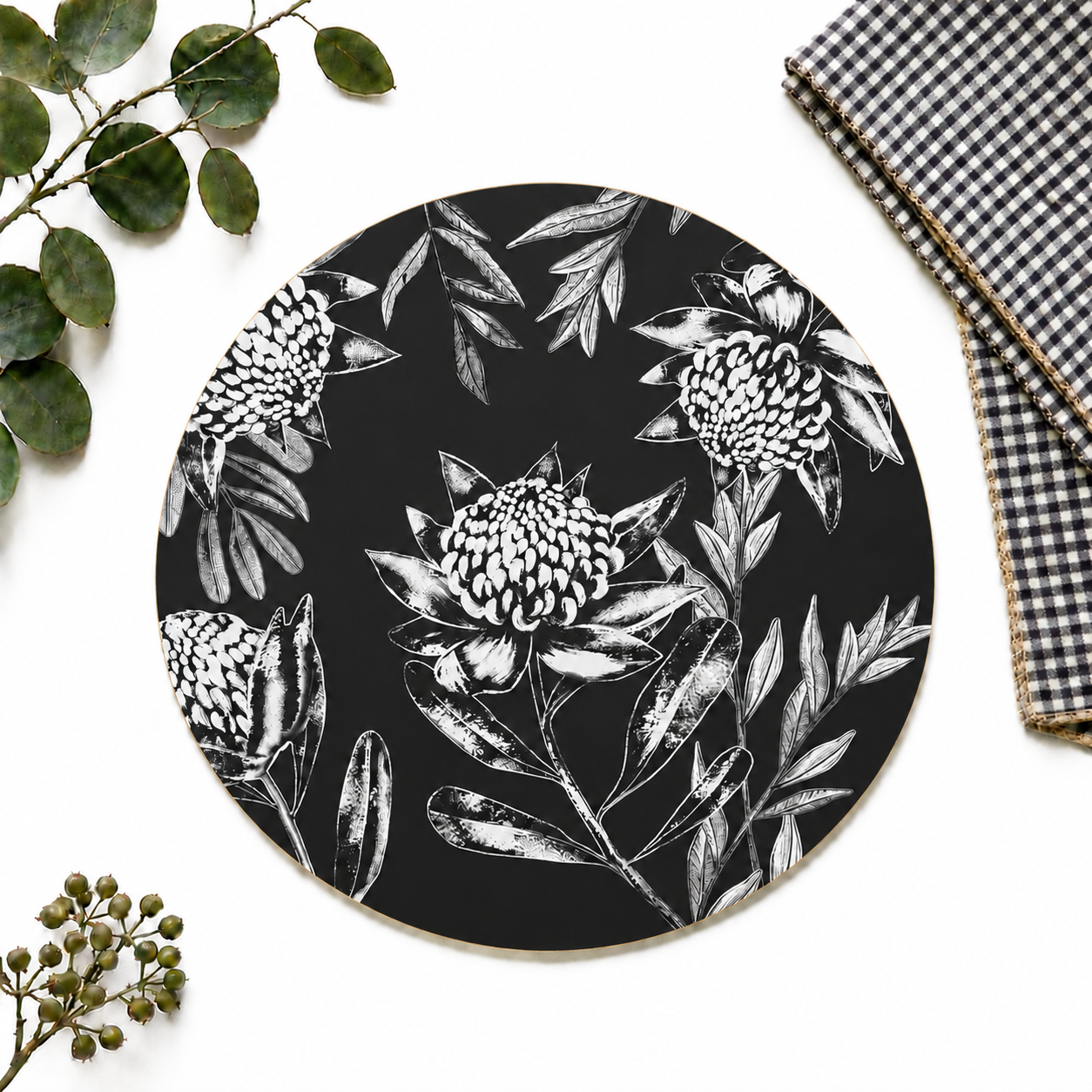 Black Waratah Australian Native Round Placemats – Set of 4,6 or 8