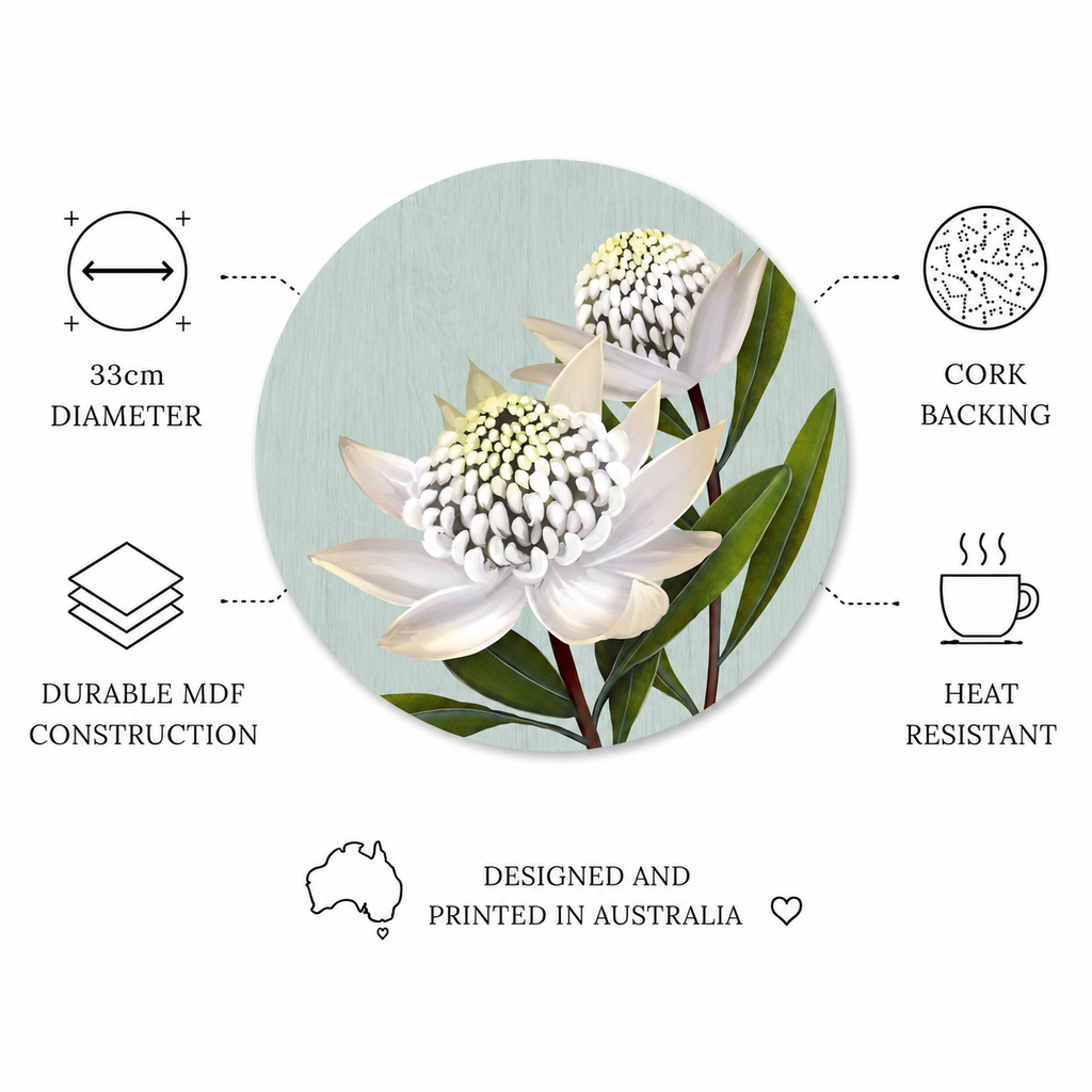 White Waratah Australian Native Round Placemats – Set of 4,6 or 8