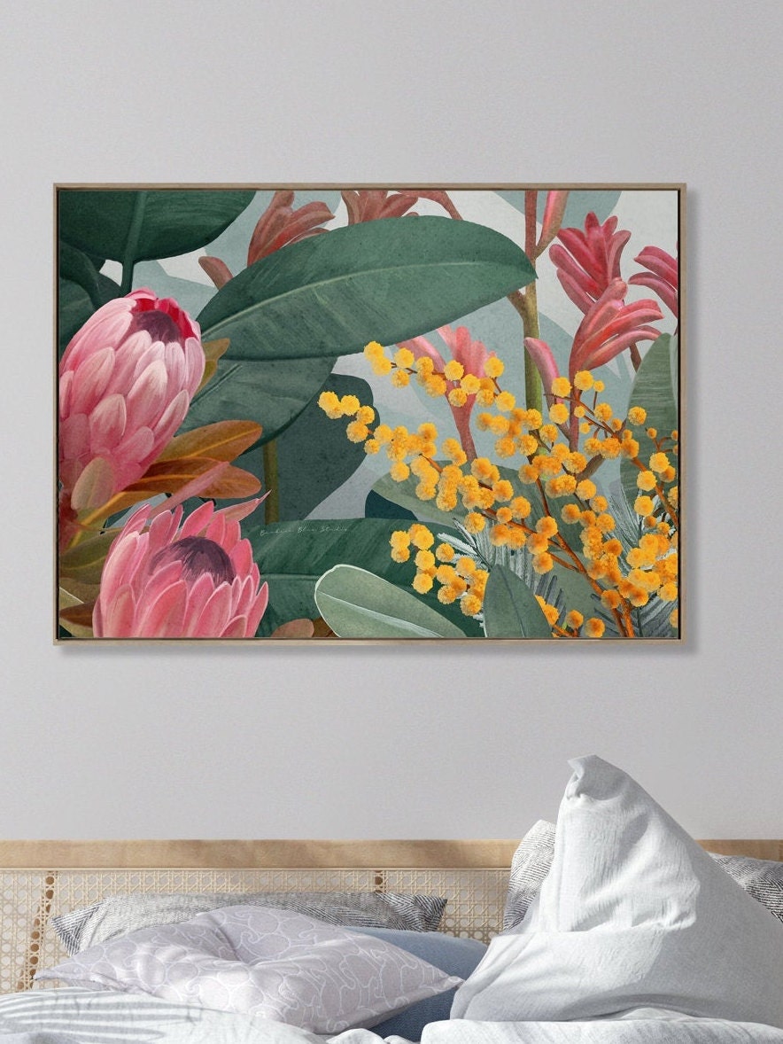 Bundaleer Bush Garden – Protea & Wattle Botanical Landscape Digital Art Print