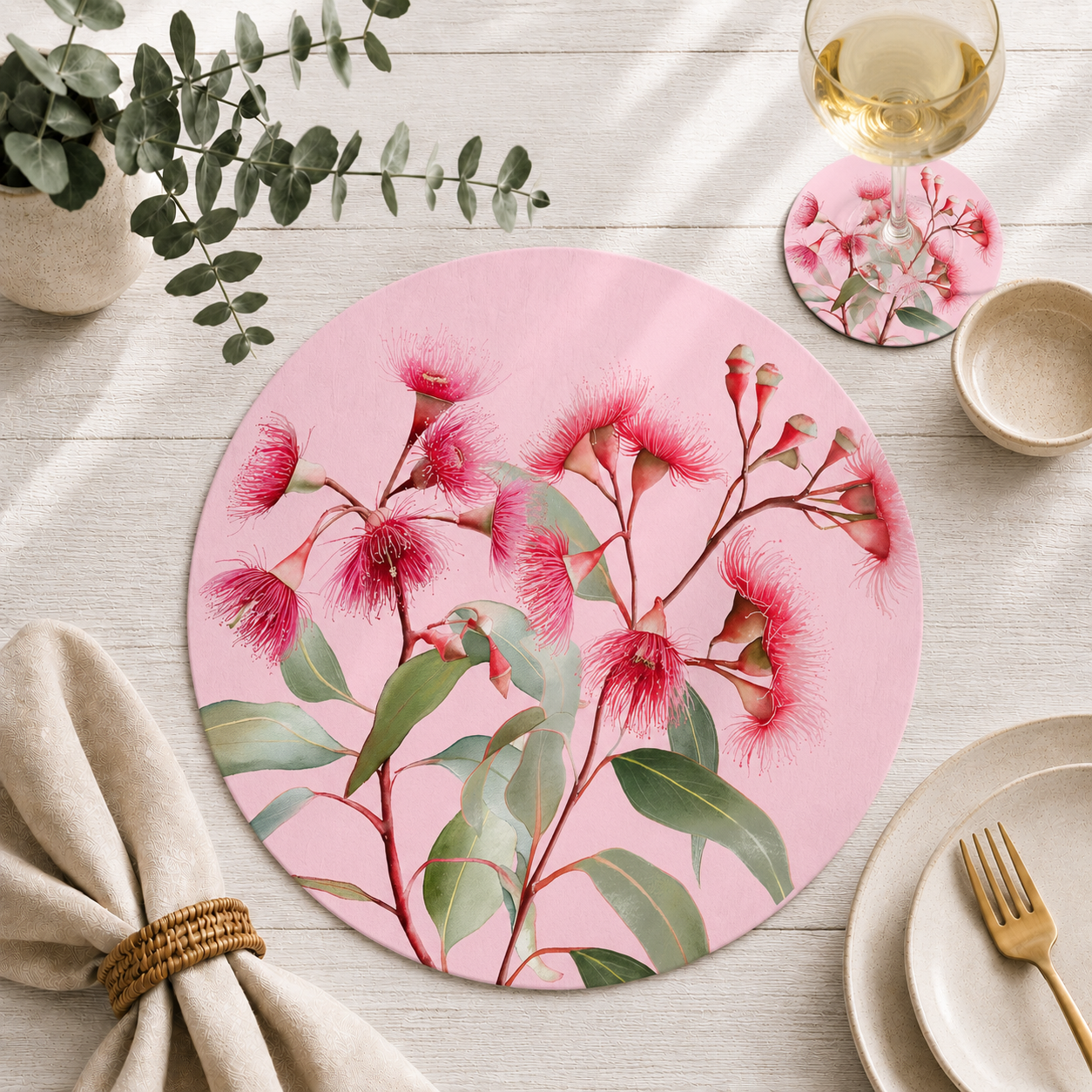 Pink Gum Australian Native Round Placemats – Set of 4,6 or 8
