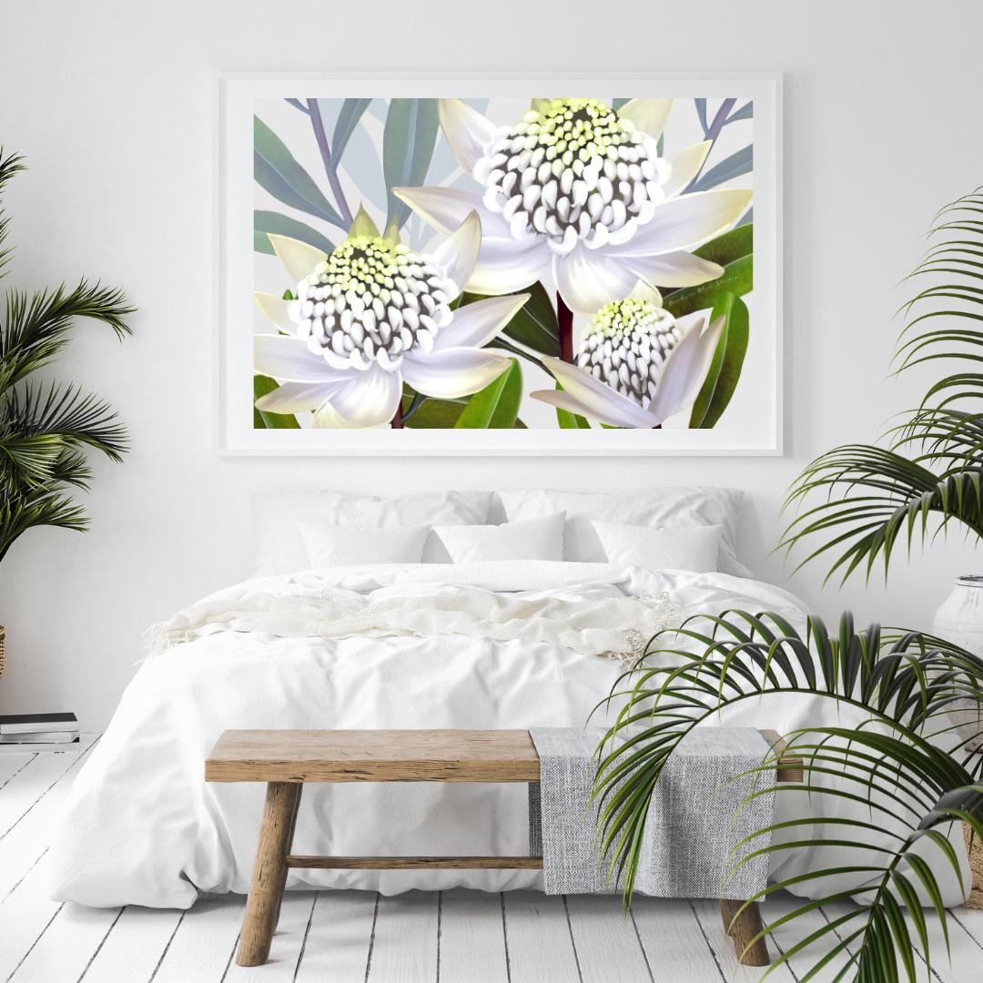 Beacon of the Bush – White Waratah Landscape Digital Art Print