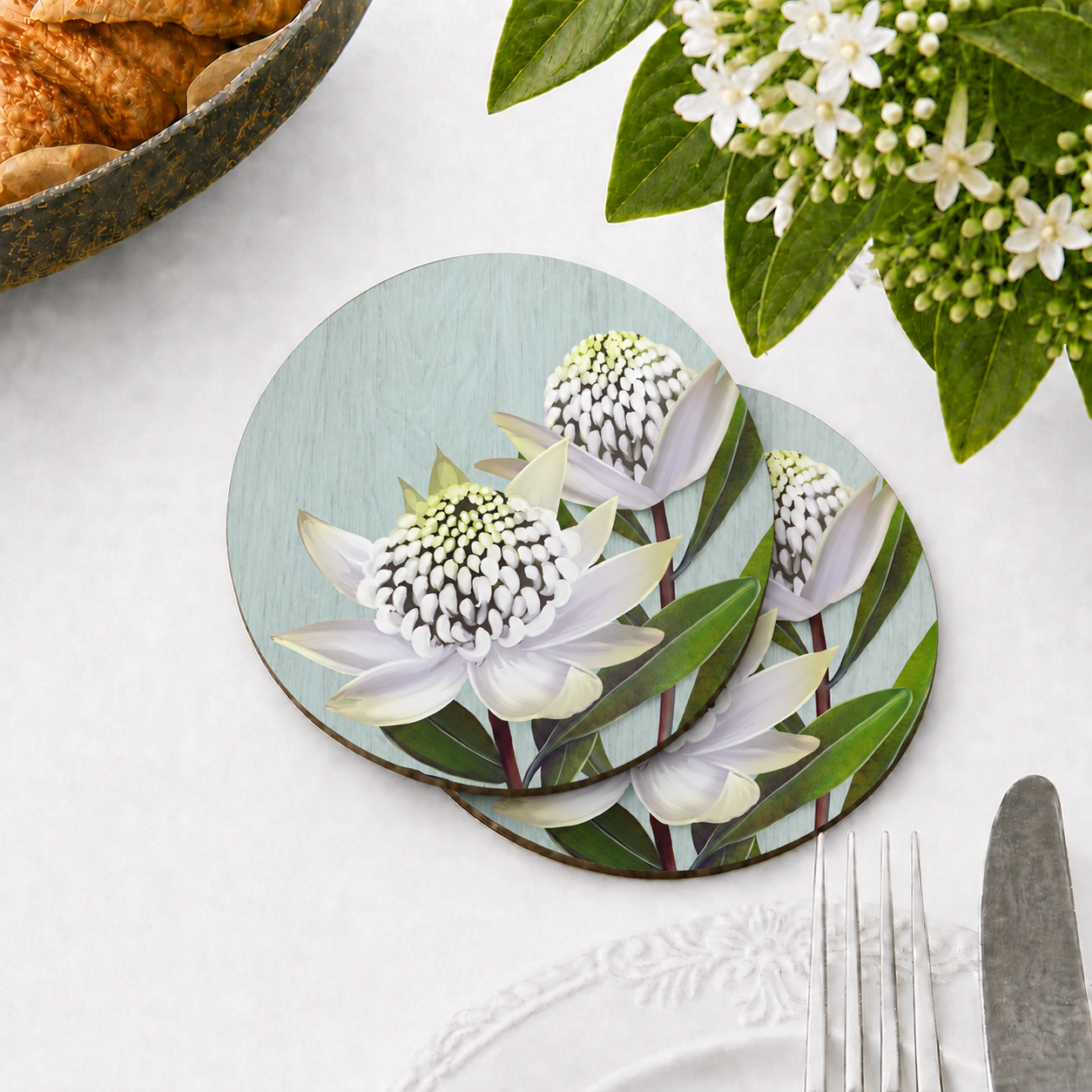 White Waratah Floral Coaster