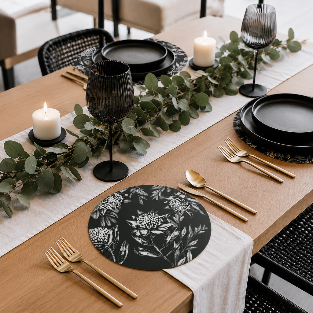 Black Waratah Australian Native Round Placemats – Set of 4,6 or 8