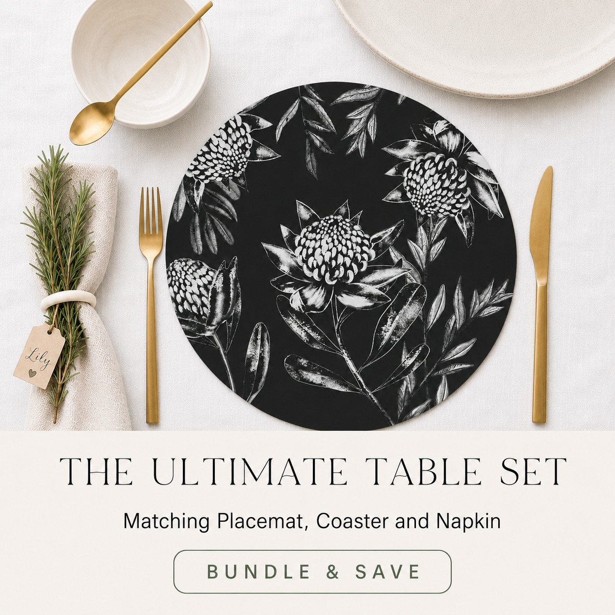 Black Waratah Australian Native Round Placemats – Set of 4,6 or 8