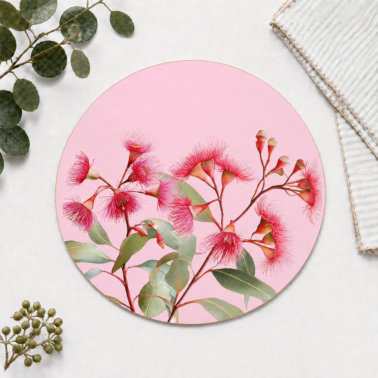 Pink Gum Australian Native Round Placemats – Set of 4,6 or 8