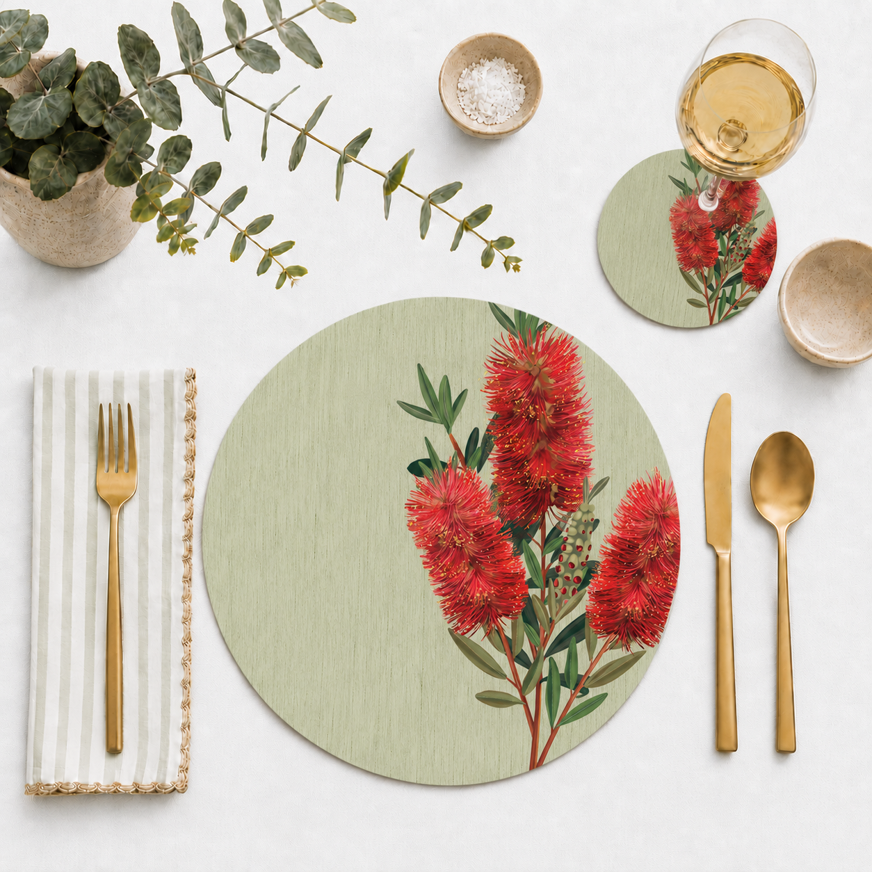 Bottlebrush Bloom Australian Native Round Placemats – Set of 4,6 or 8