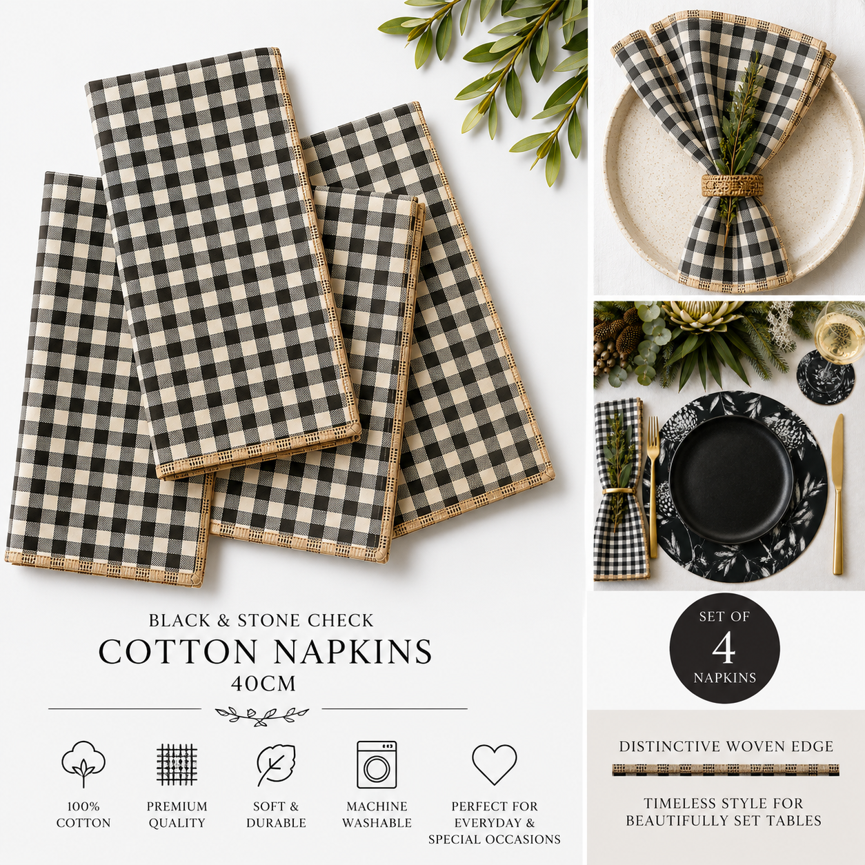 Black Gingham Cotton Napkins – Set of 4,6,8